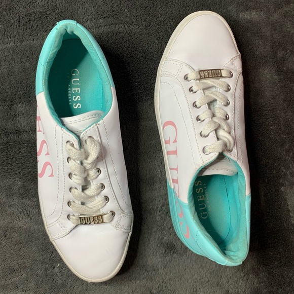 White and Teal GUESS Sneakers Size 8 1/2 in Womens - Picture 2 of 5